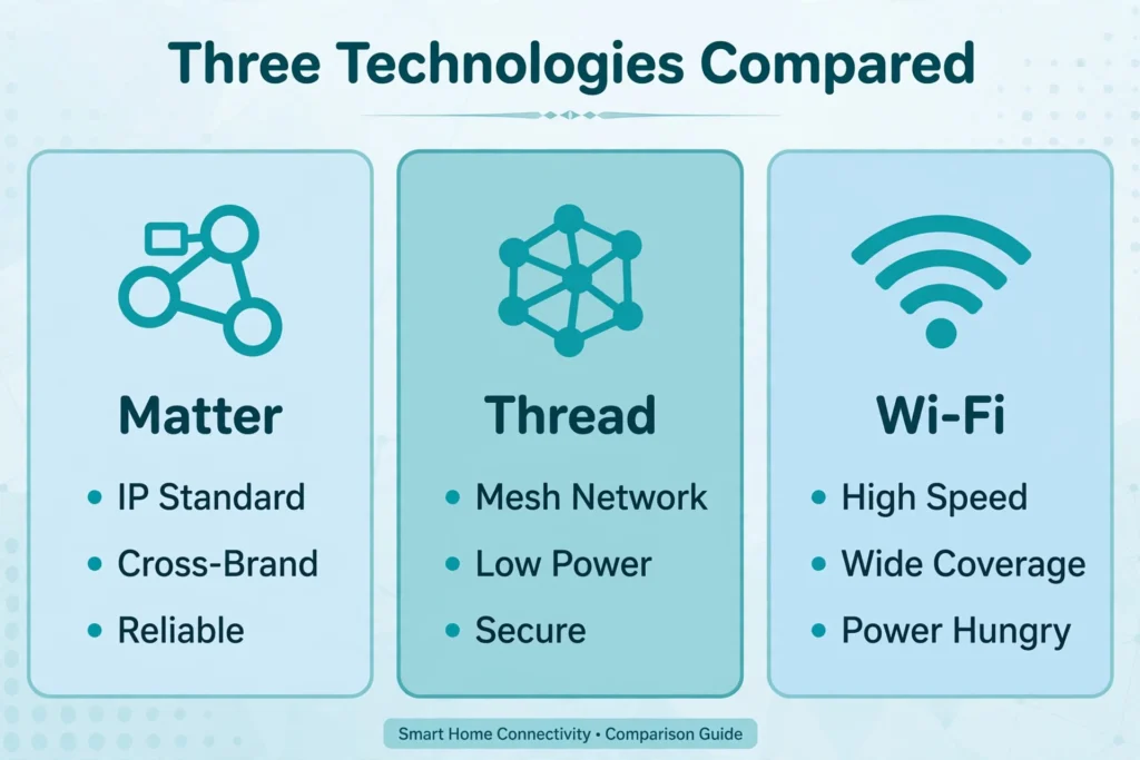 Side-by-side comparison of Matter, Thread, and Wi-Fi wireless technologies for smart homes