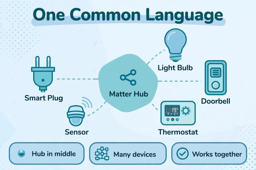 Illustration explaining matter compatible smart home devices as one common language connecting plugs, sensors, lights, and doorbells through a central hub
