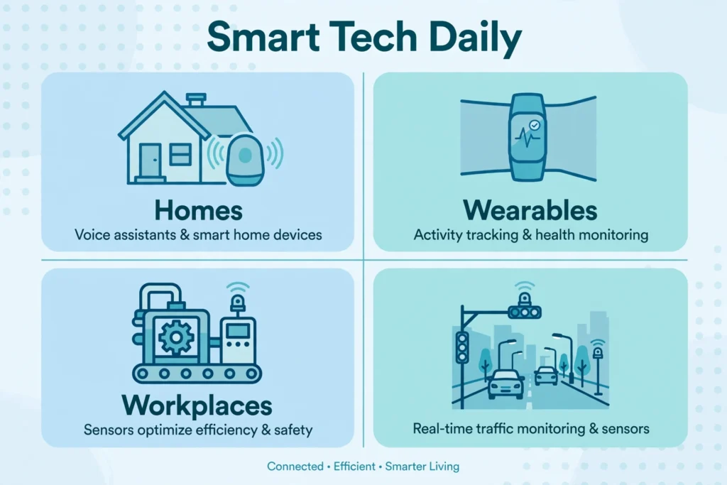 Smart technology examples in everyday life: homes with voice assistants, wearables, workplaces, and infrastructure sensors
