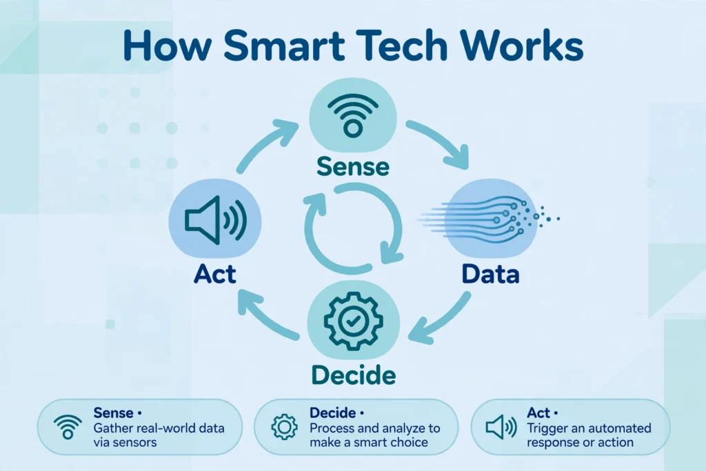 How smart technology works in a loop: sense, send data, decide, then act automatically