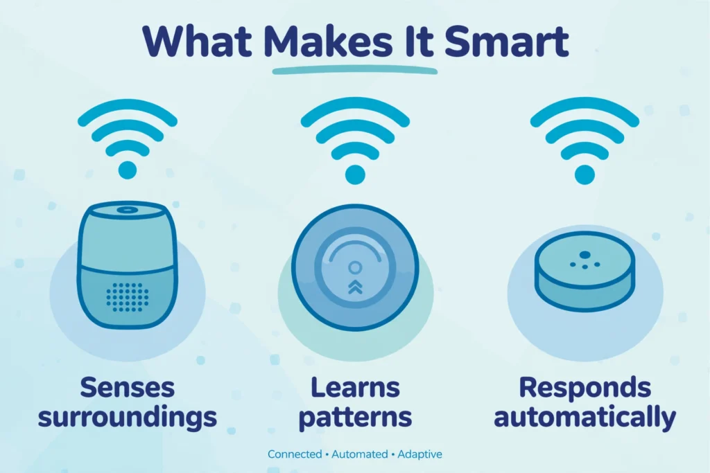 What is smart technology: three traits that make a device smart — it senses surroundings, learns patterns, and responds automatically