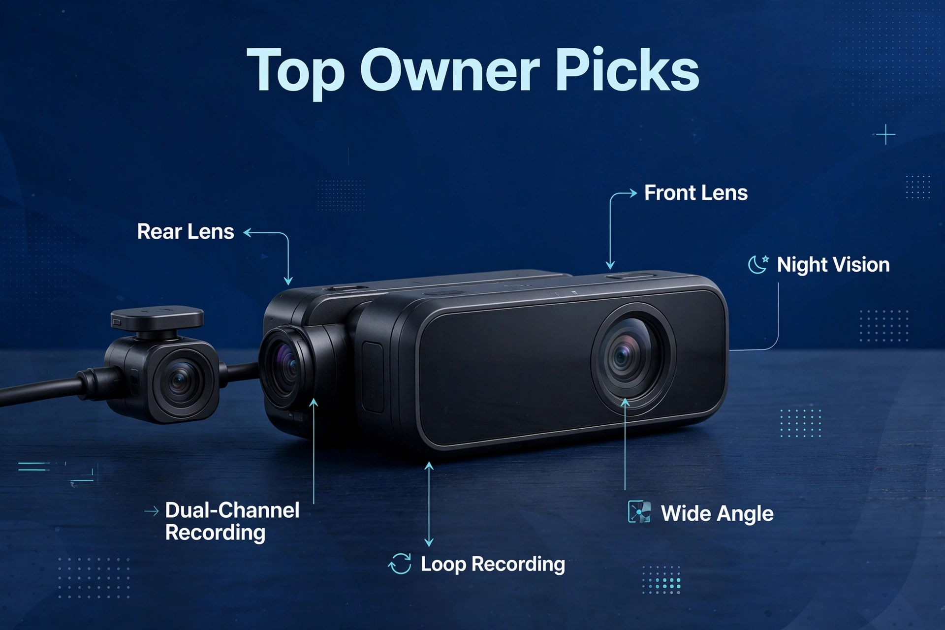 Infographic of top owner-recommended picks for the best front and rear dash cam, with front and rear lens callouts.