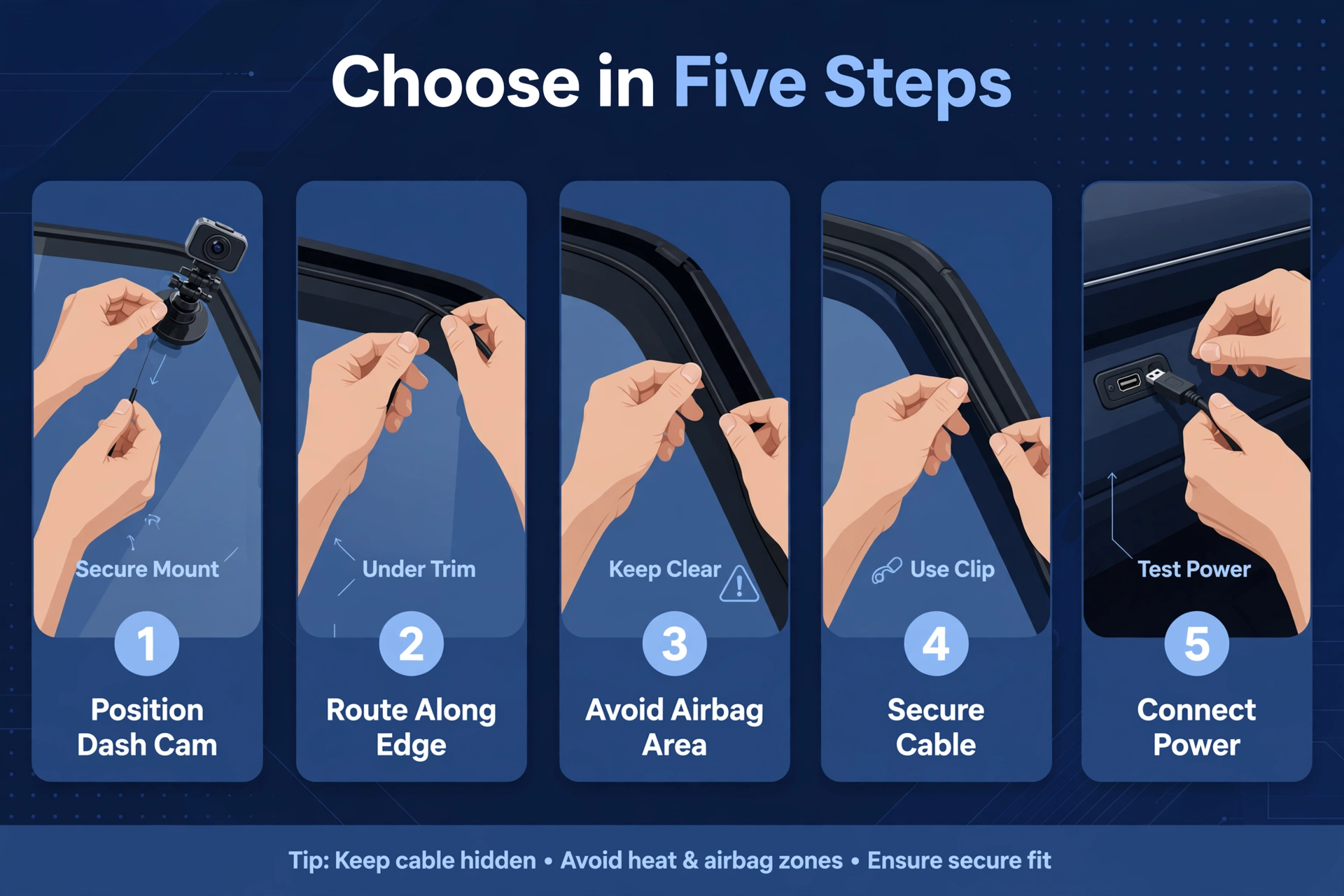 Step-by-step visual guide to choosing and installing the best front and rear dash cam: mount, route cable, connect power.