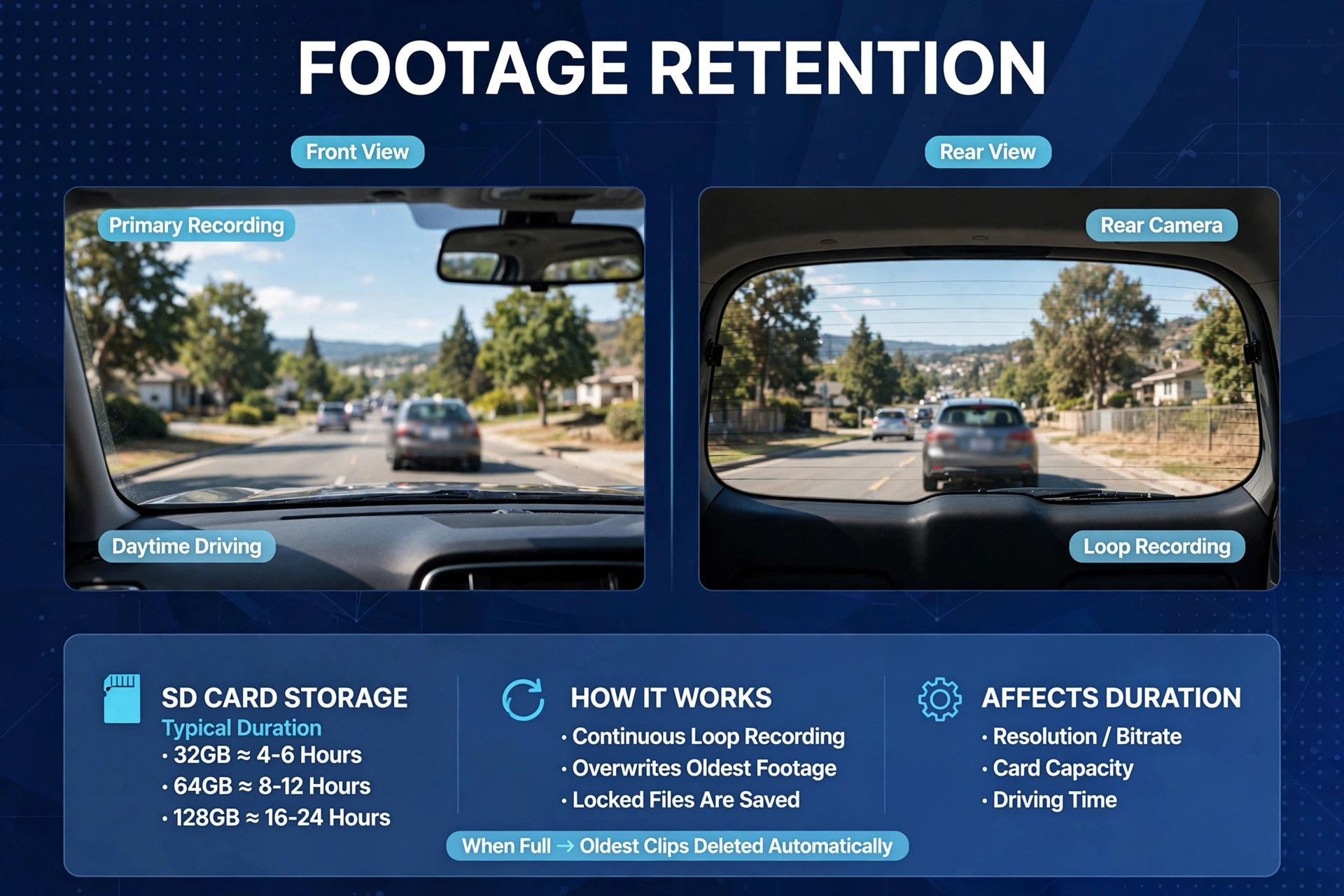 Split front and rear windshield views from the best front and rear dash cam showing SD card loop recording duration.