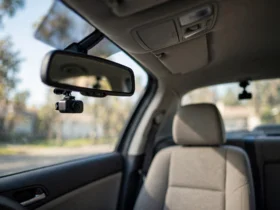 Front and rear dash cam behind rearview mirror, second camera on rear windshield, daylight.