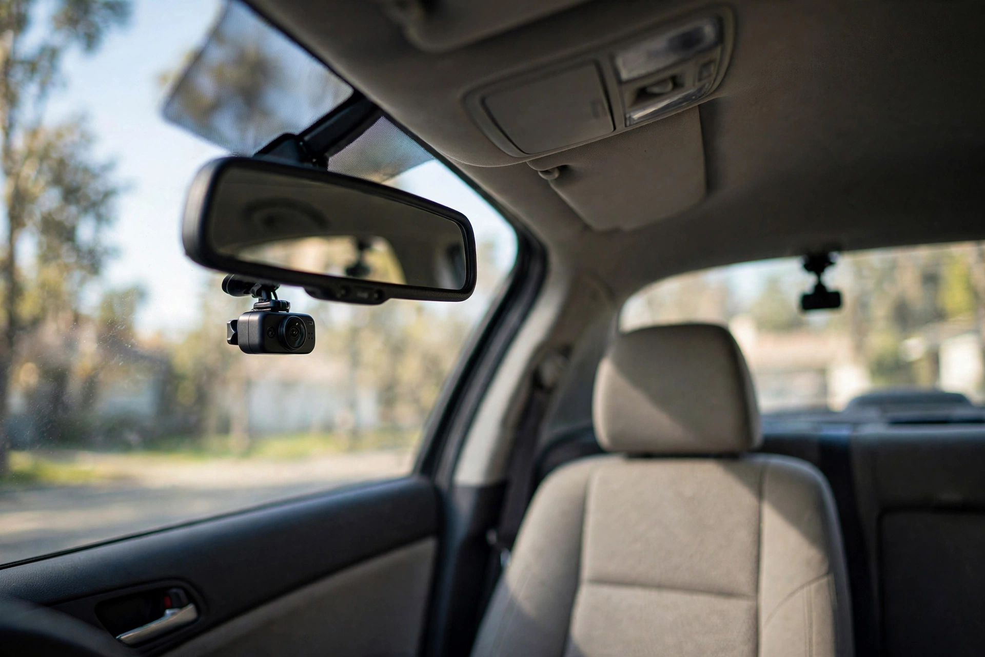 Front and rear dash cam behind rearview mirror, second camera on rear windshield, daylight.