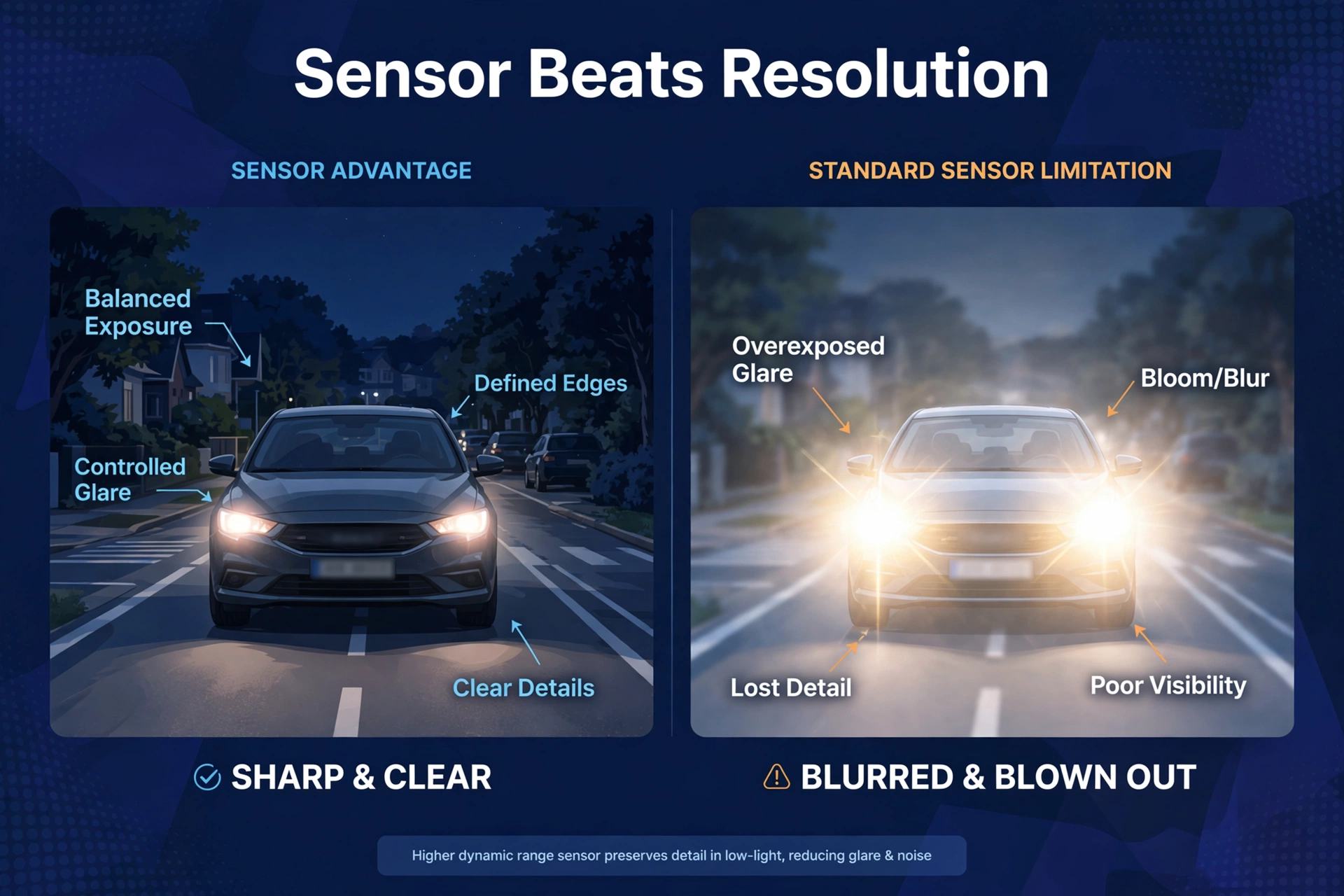 Side-by-side comparison showing why the sensor matters most in the best dash cam for night driving: sharp versus blown out.