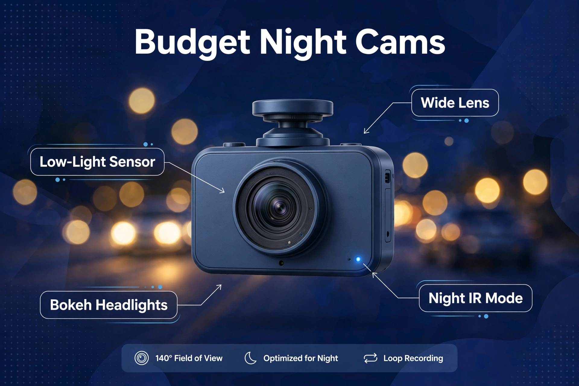 Budget dash cam lens close-up at night with bokeh headlights, from the best dash cam for night driving guide.