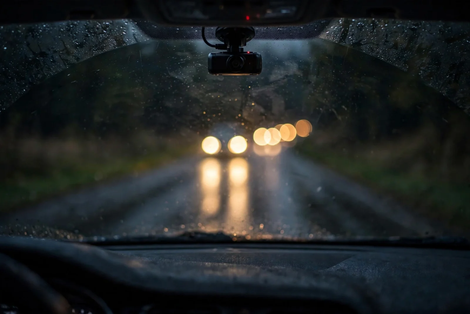 Night road from driver's view, oncoming headlights, dash cam mounted high on windshield.