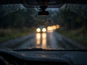 Night road from driver's view, oncoming headlights, dash cam mounted high on windshield.