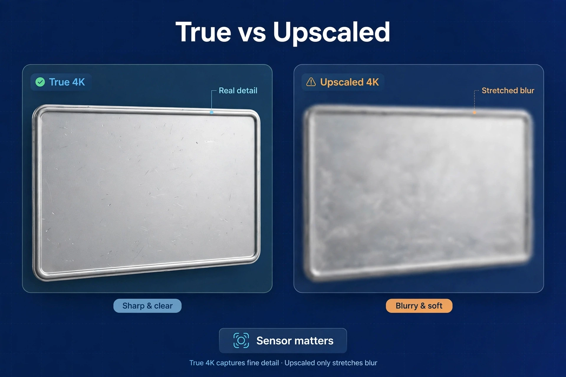 Infographic comparing true 4K detail with upscaled blur, a key concept in choosing the best 4K dash cam.