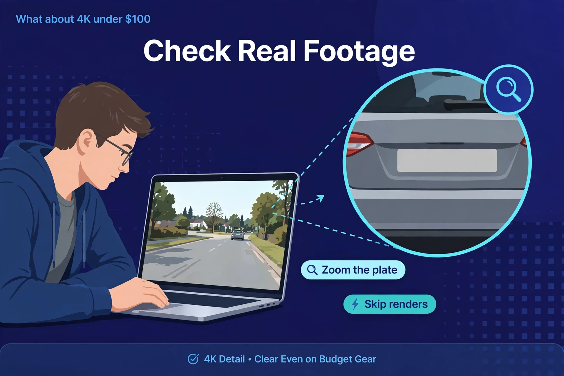 Illustration of a buyer checking real 4K footage on a laptop before buying the best 4K dash cam.