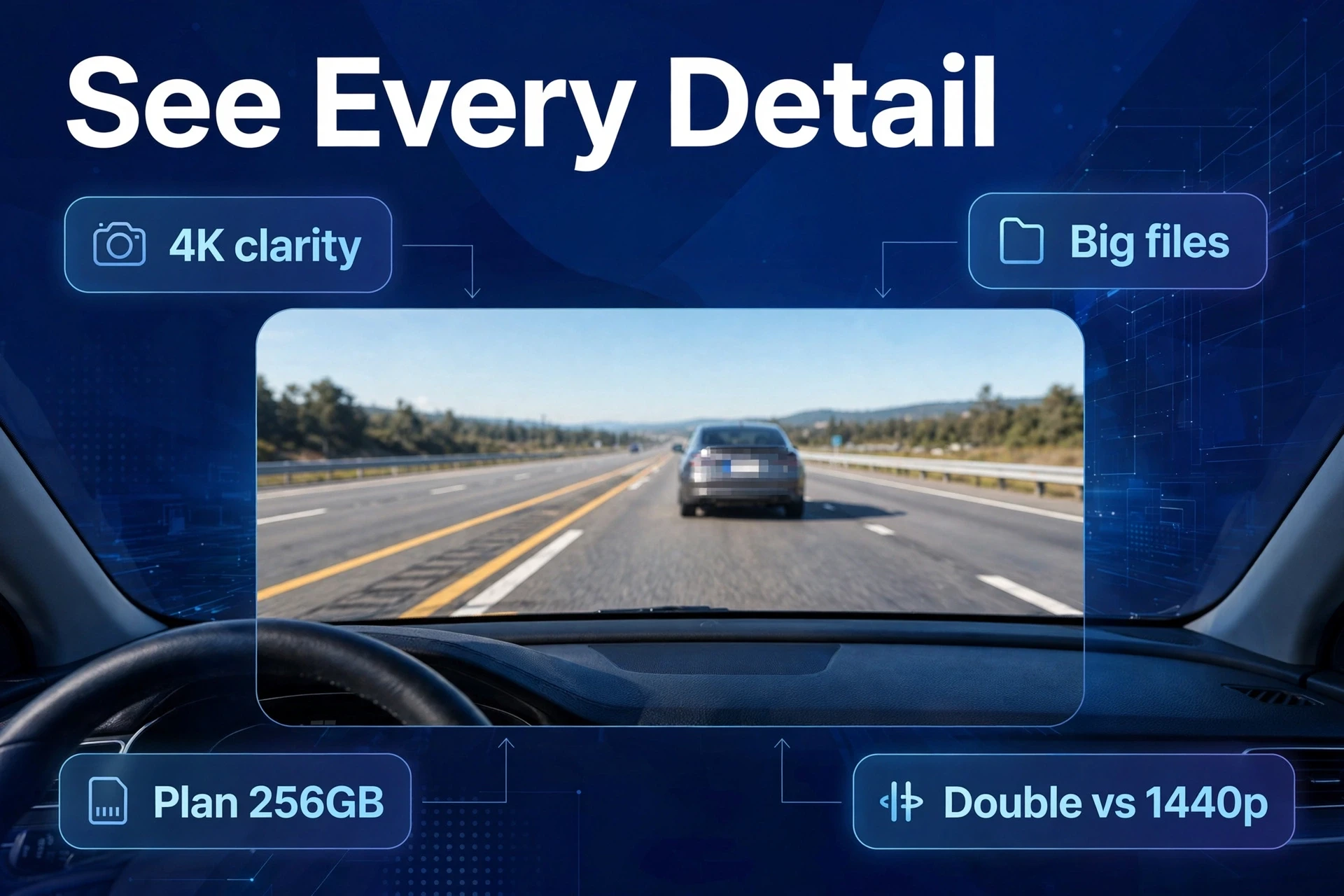 Driver's-view highway scene showing the crisp detail and storage demands of the best 4K dash cam.