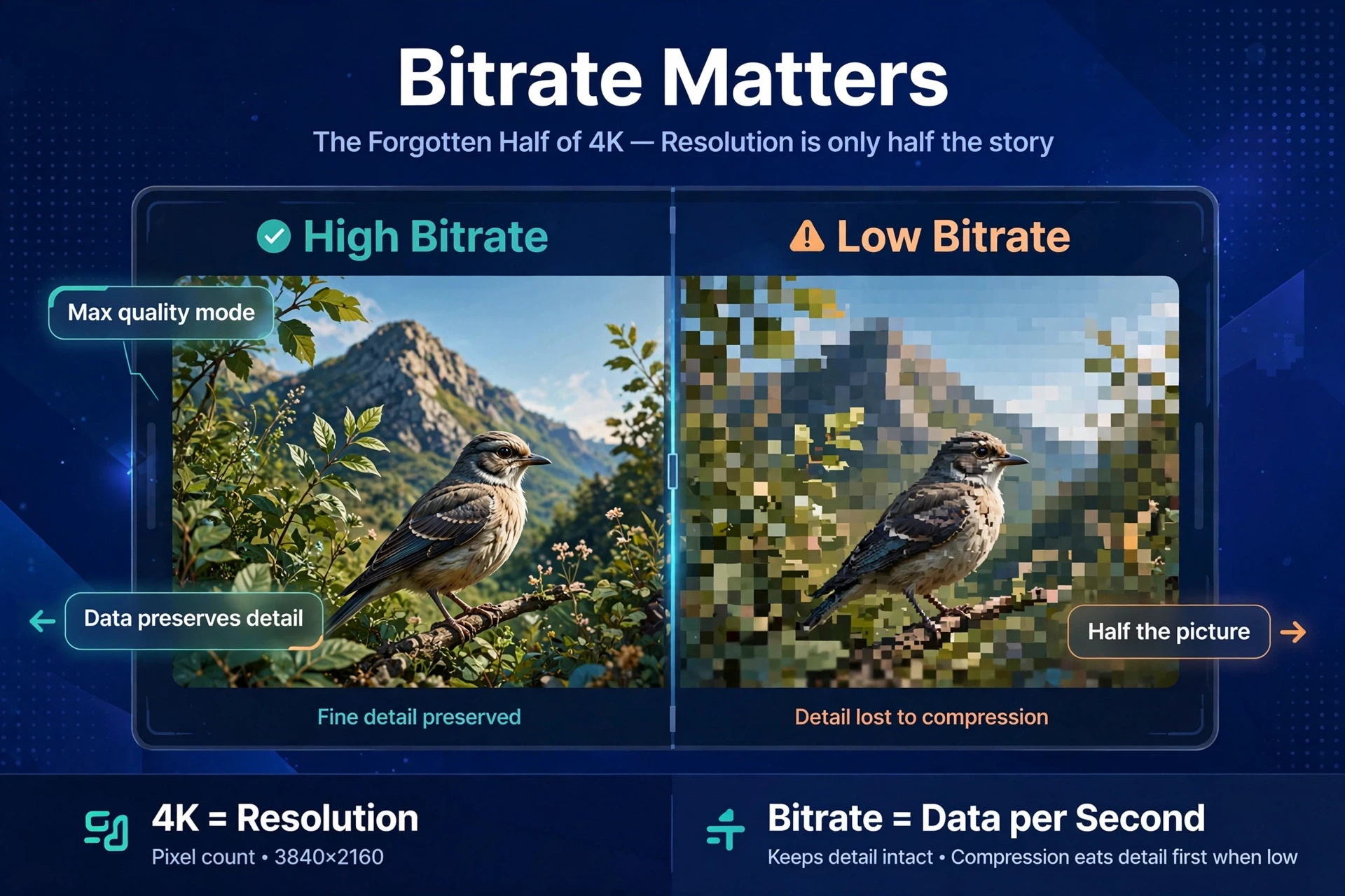 Infographic explaining why bitrate matters as much as resolution in a best 4K dash cam.