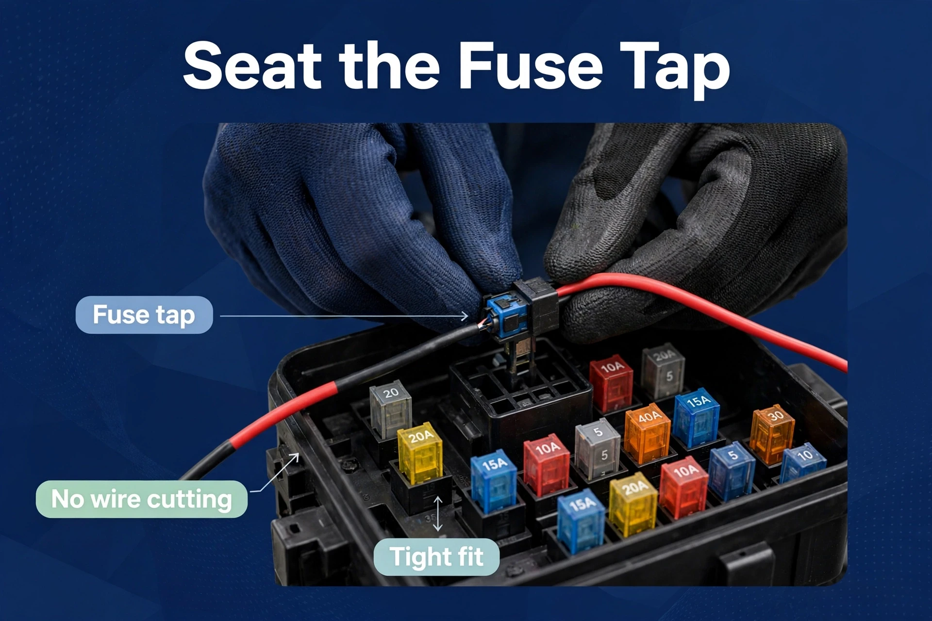 Hands seating a fuse tap in a fuse box, a key step in how to hardwire dash cam power.