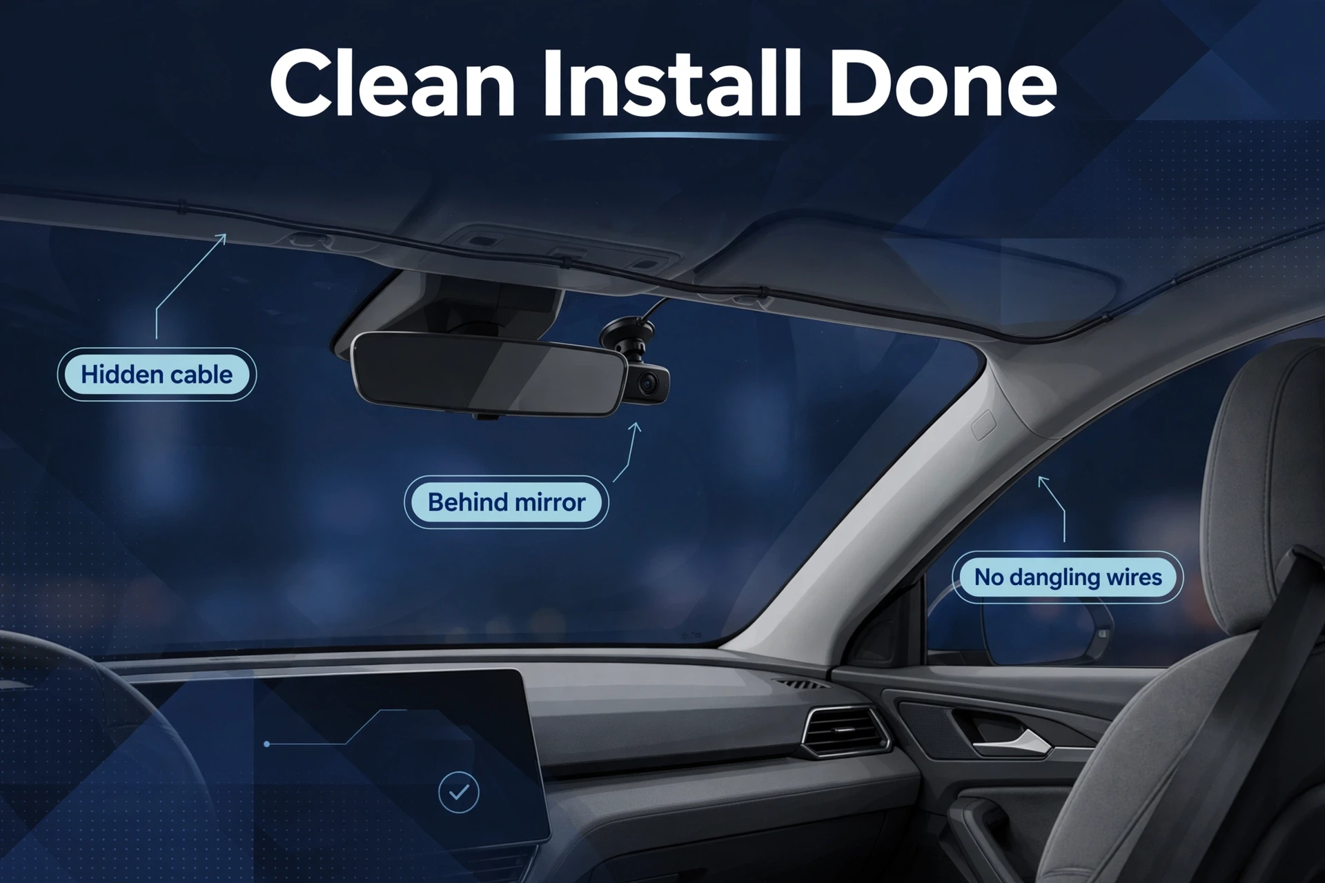 Tidy dash cam mounted behind a rearview mirror, the finished result of how to hardwire dash cam wiring.