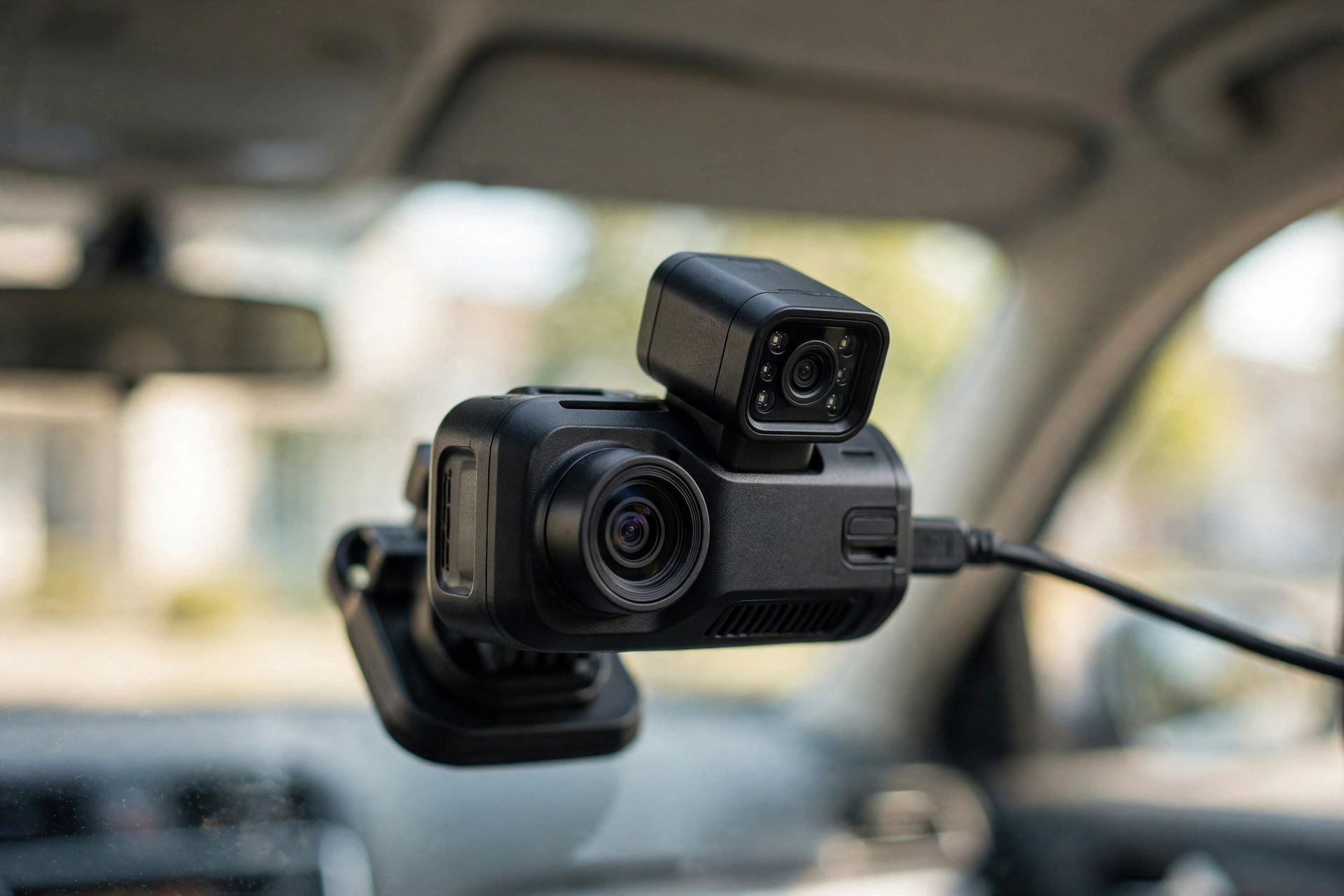 Close-up of a 3-channel dash cam with front lens and IR cabin module, a best dash cam for Uber drivers