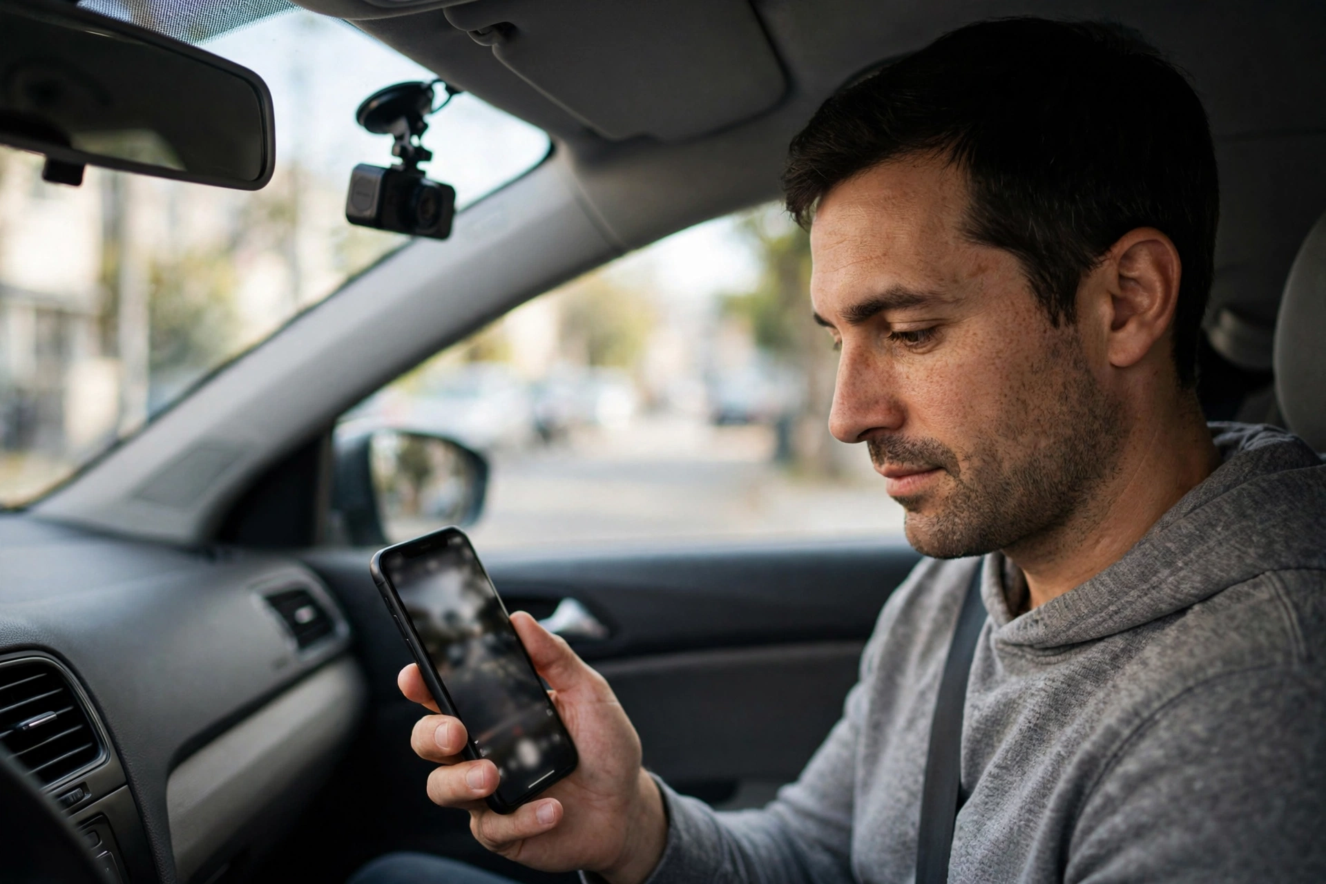 Driver reviewing dash cam footage on a phone in a parked car, a best dash cam for Uber drivers setup