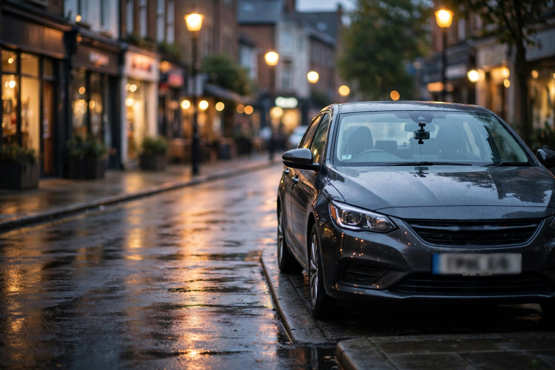 Rideshare car on a city street at dusk with warm streetlights, tied to best dash cam for Uber drivers ratings