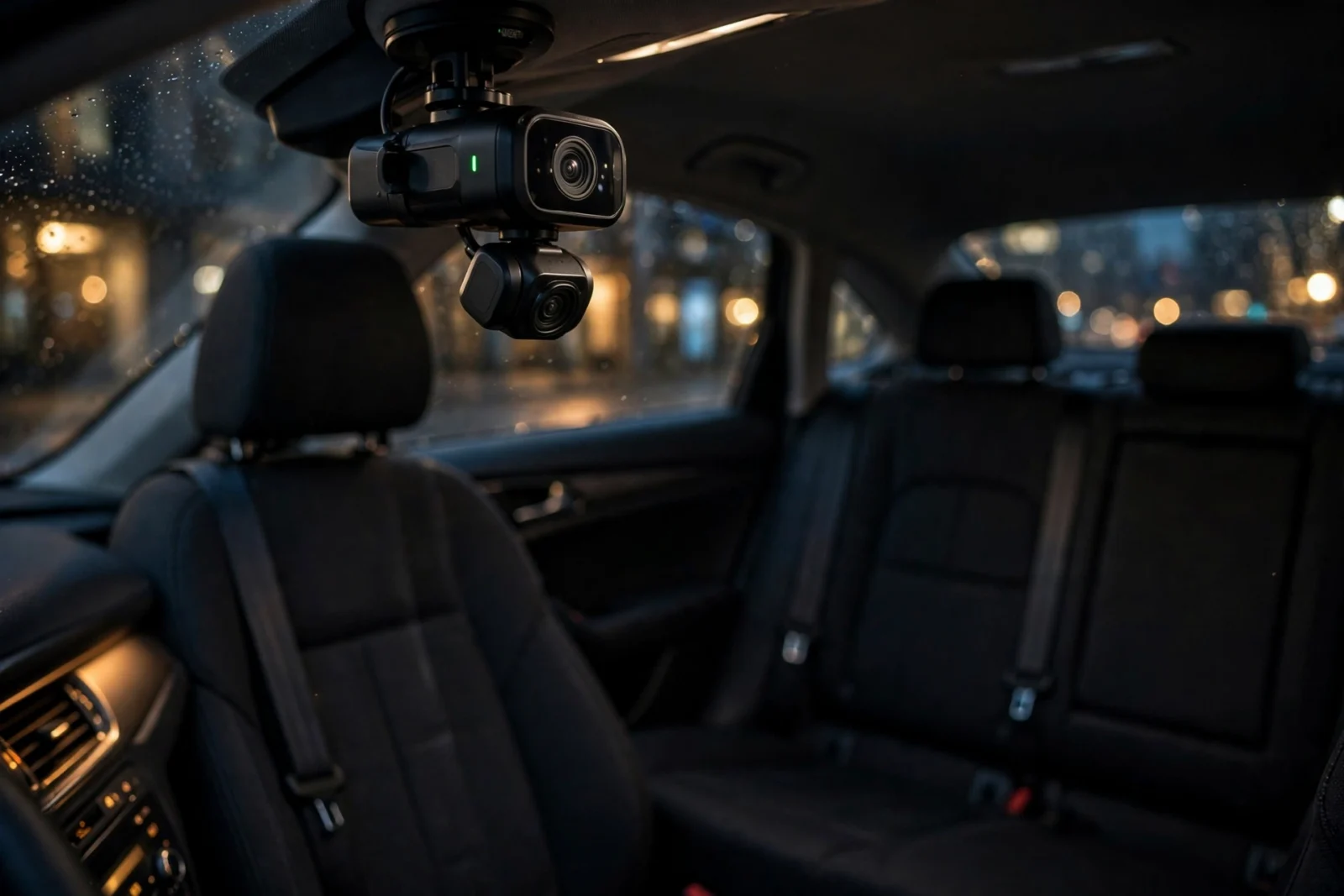 Night car interior showing a 3-channel dash cam with cabin camera facing the back seat