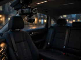 Night car interior showing a 3-channel dash cam with cabin camera facing the back seat