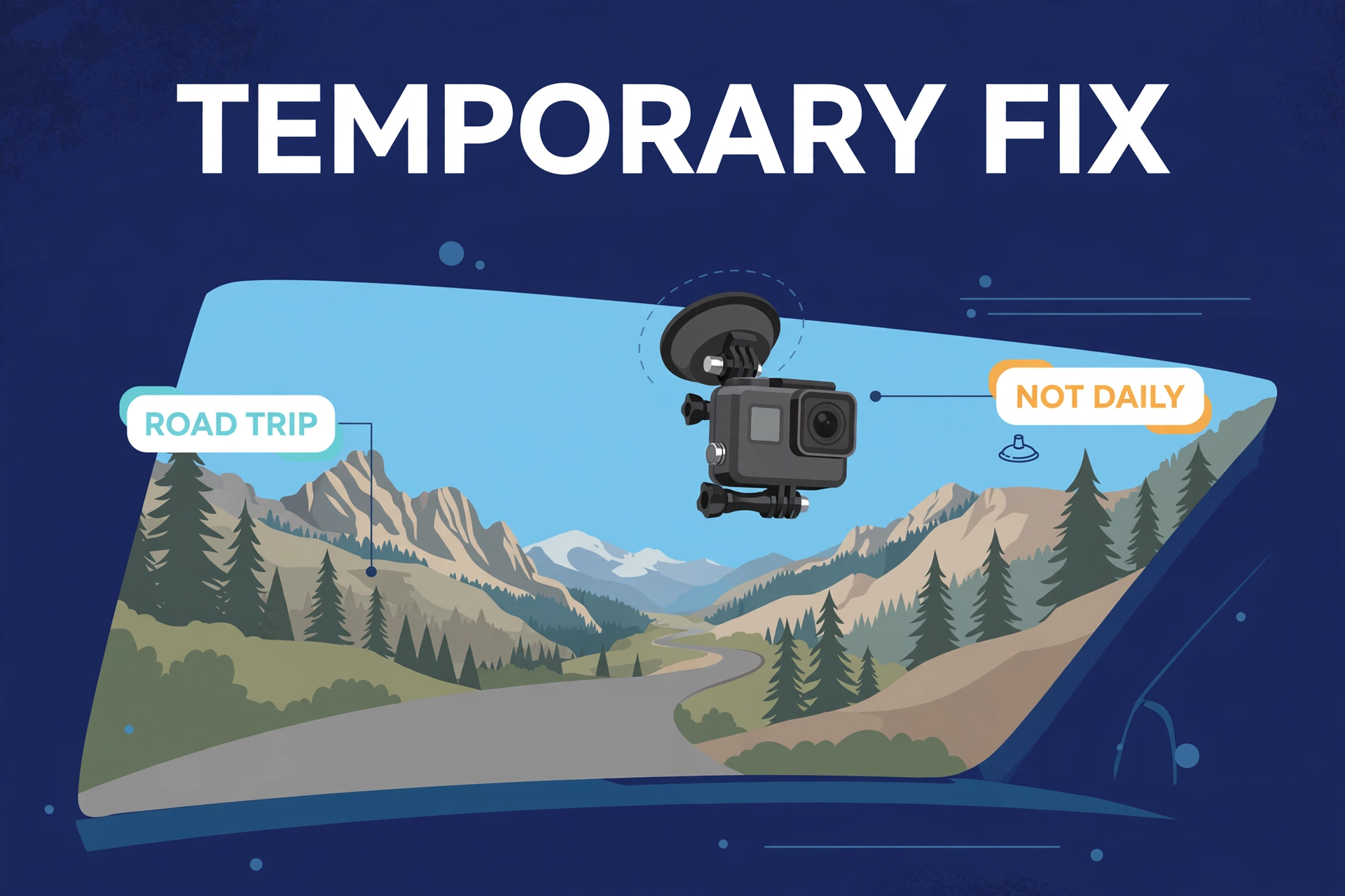 Action camera mounted on a windshield for a scenic mountain road trip as a temporary setup