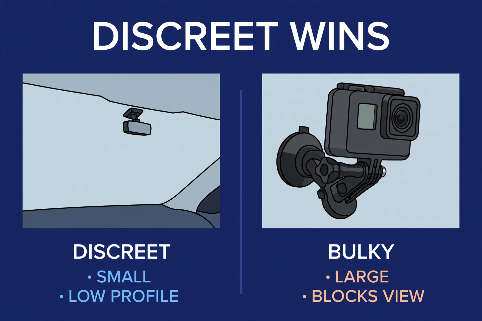 Small discreet dash cam on a windshield compared with a bulky action camera mount