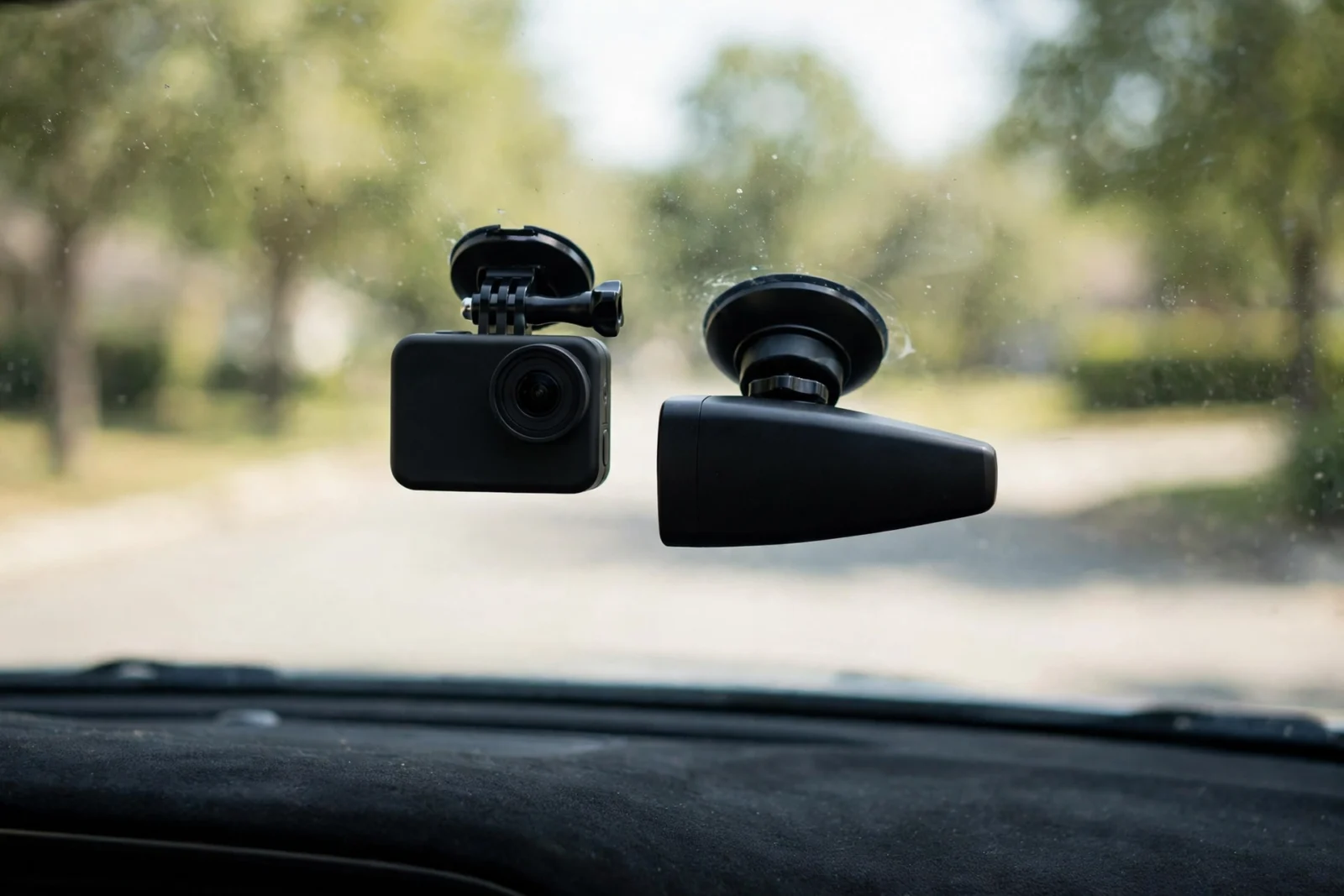 Action camera and wedge dash cam mounted side by side on a car windshield in daylight