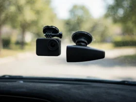 Action camera and wedge dash cam mounted side by side on a car windshield in daylight