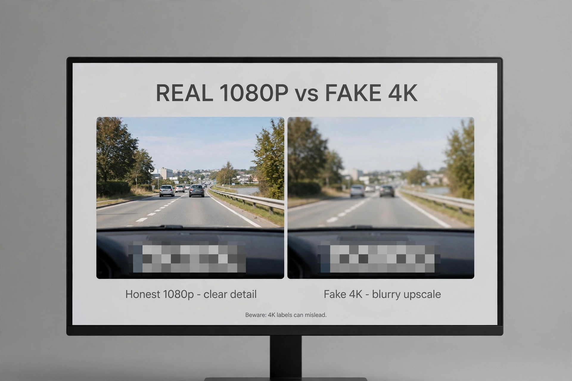 Real 1080p vs fake 4K monitor comparison, a key trap when picking the best budget dash cam under $100