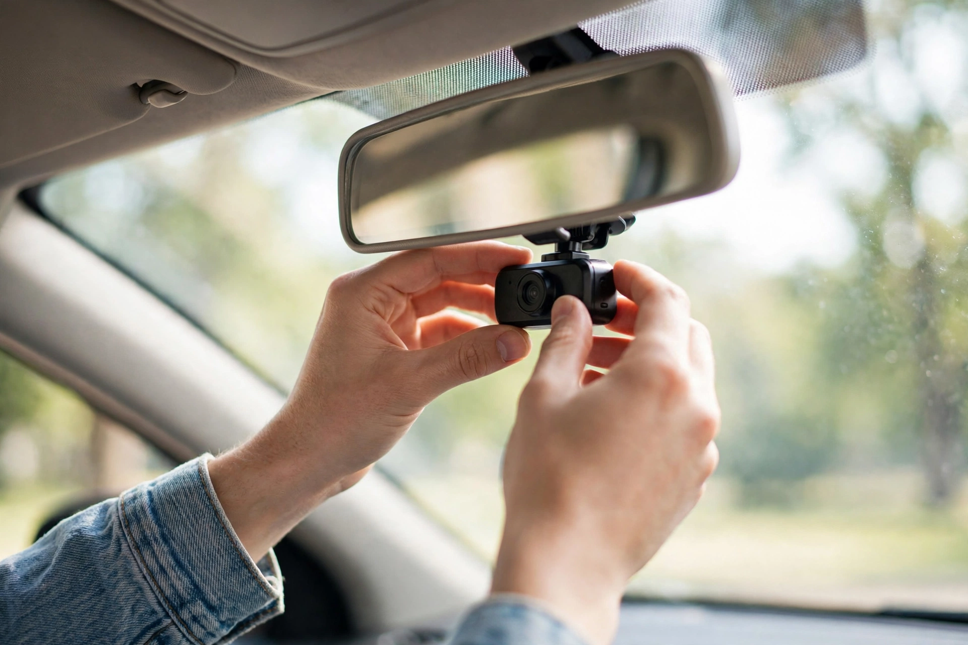 Mounting a compact dash cam behind a rearview mirror, a simple step with any best budget dash cam under $100