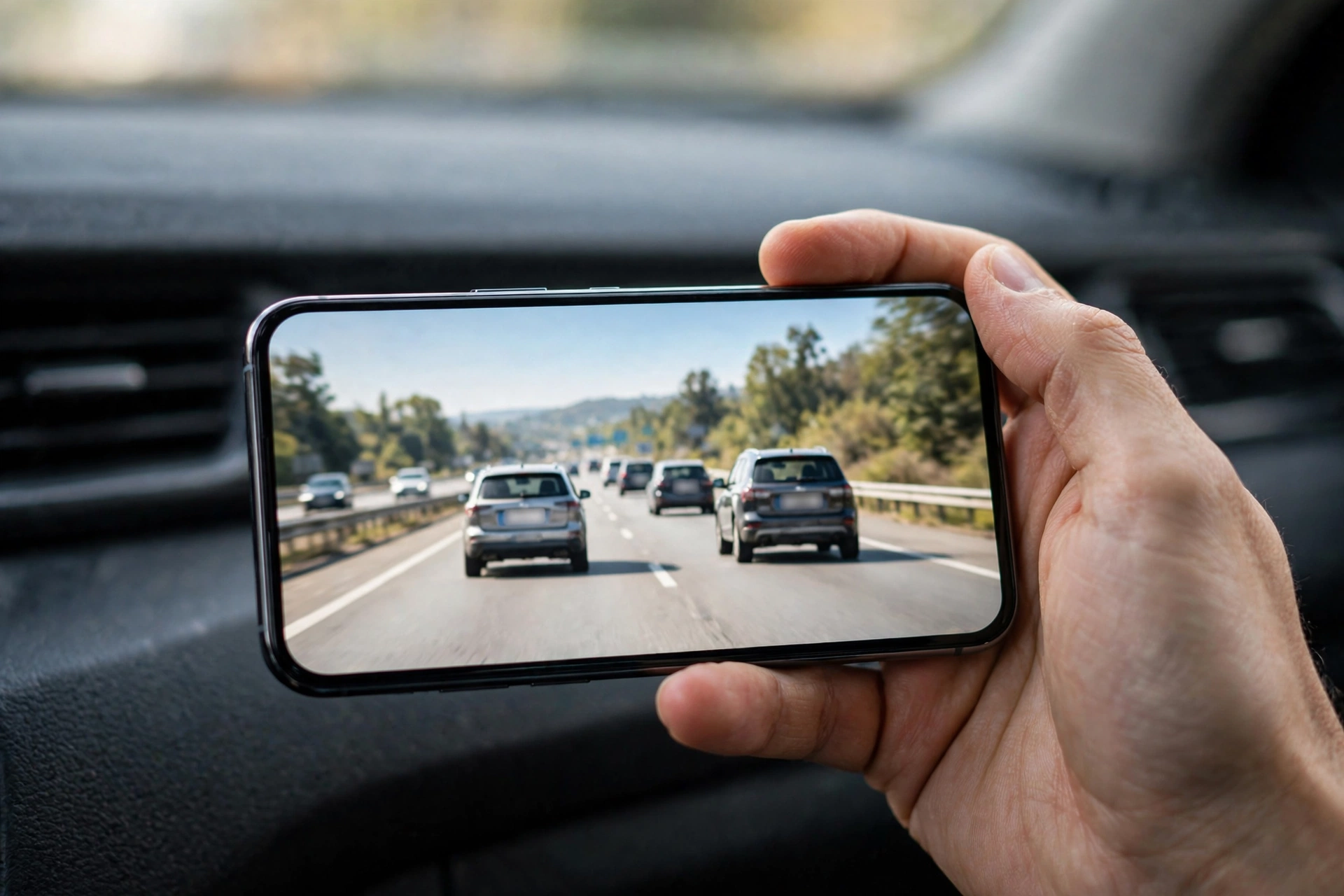 Smartphone showing clear daytime dash cam road footage, a setup tip for the best budget dash cam under $100