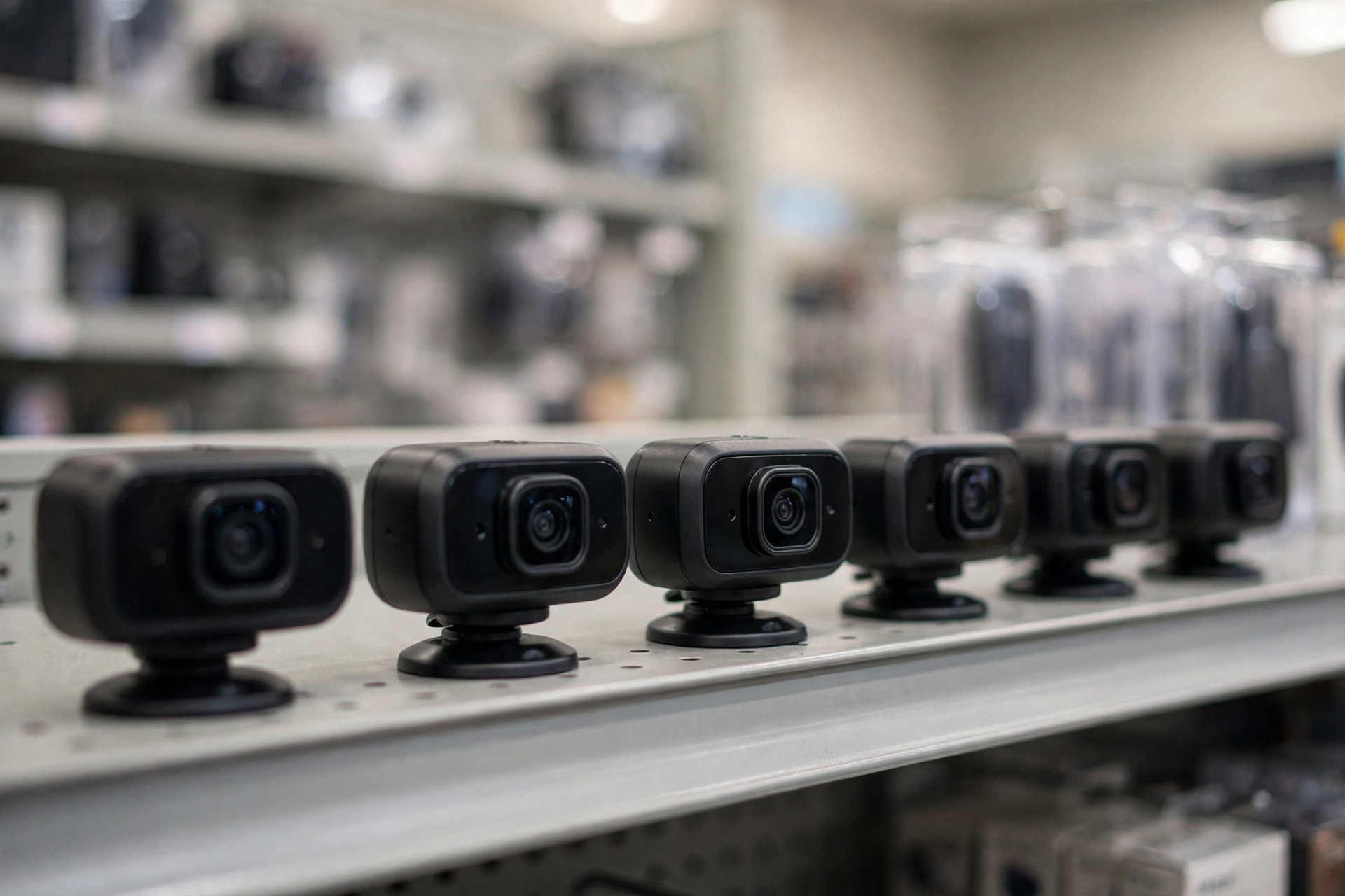 Unbranded compact dash cams lined up on a store shelf, as buyers compare the best budget dash cam under $100