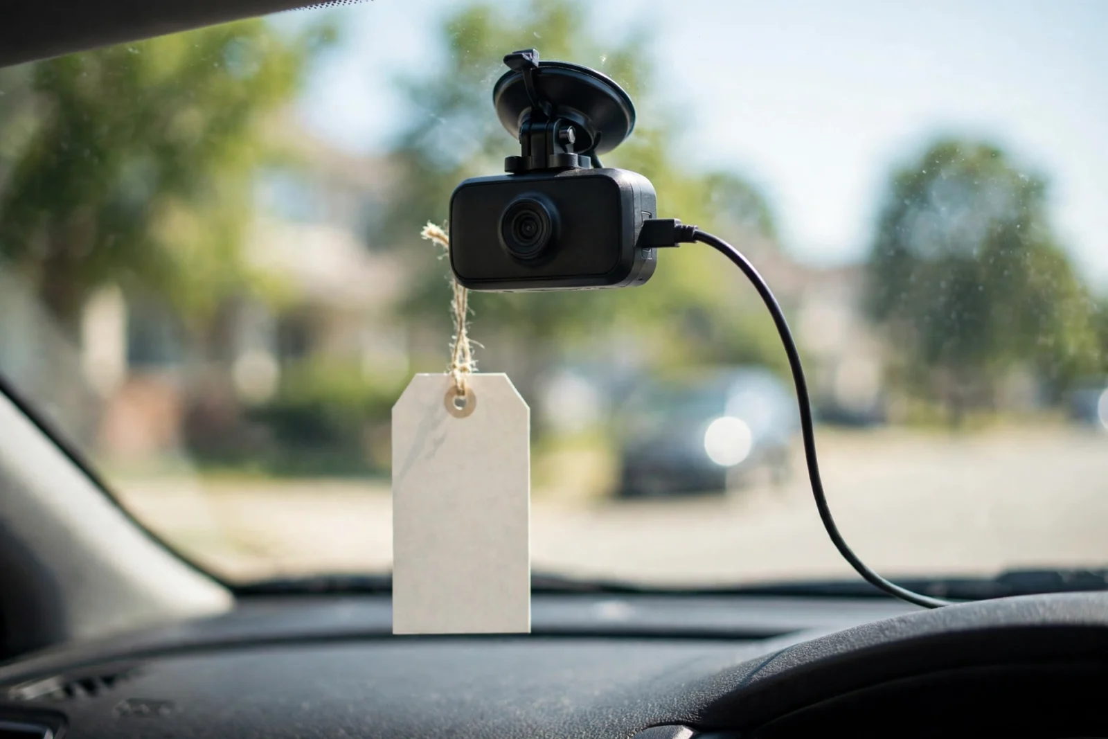 Affordable dash cam on a windshield in bright daylight with a blank price tag attached