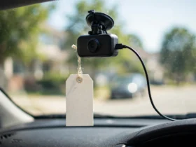 Affordable dash cam on a windshield in bright daylight with a blank price tag attached