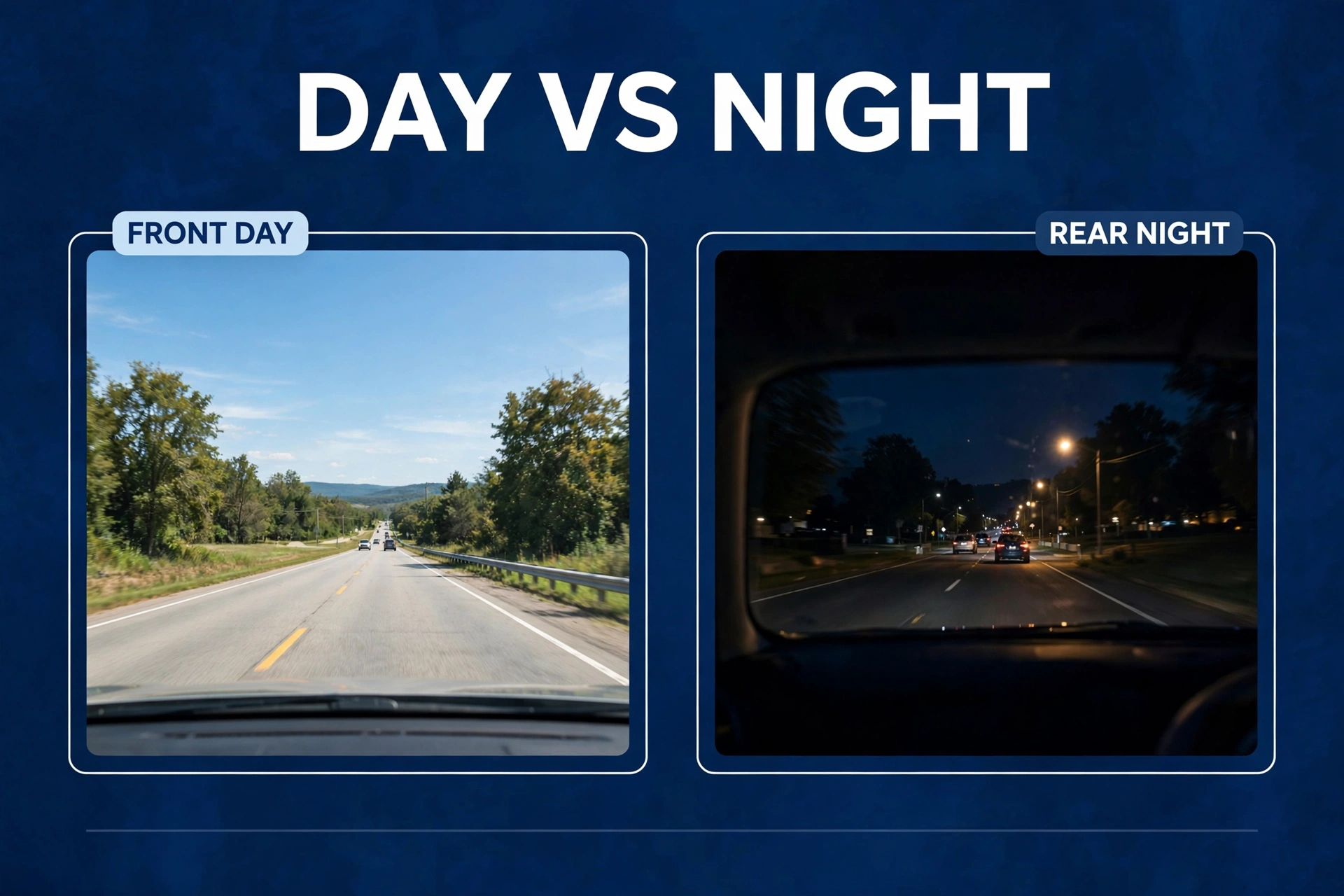 Split comparison of a mirror dash cam's daytime front footage beside its nighttime rear footage quality