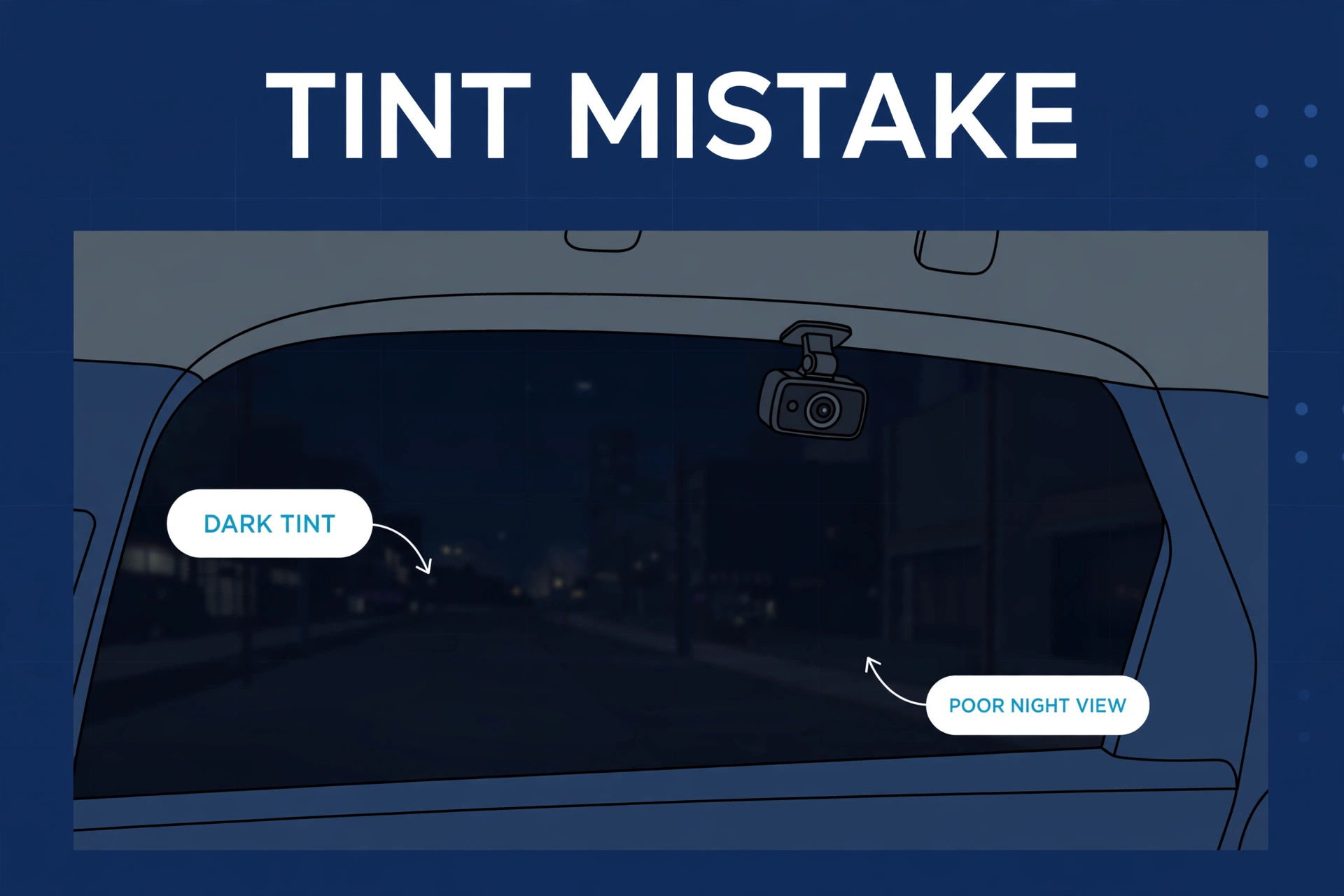 Rear dash camera mounted behind dark tinted glass showing the common tinted window mounting mistake