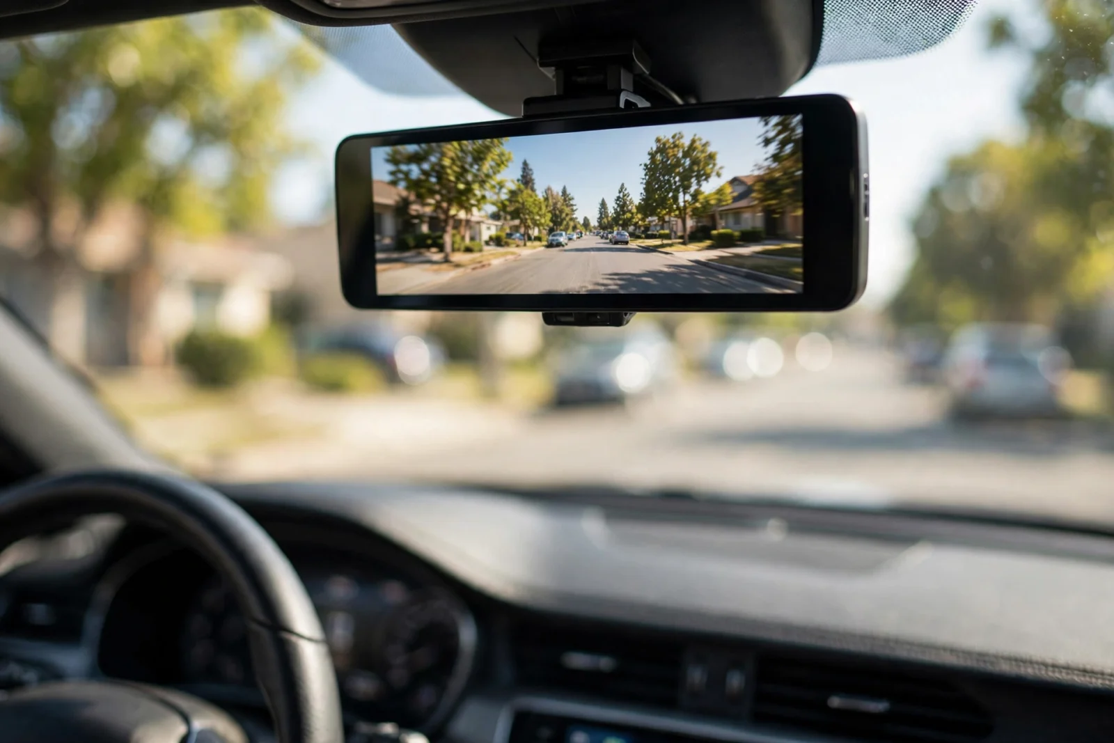 Mirror dash cam mounted over a car's rear-view mirror showing the road ahead on its display