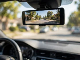 Mirror dash cam mounted over a car's rear-view mirror showing the road ahead on its display