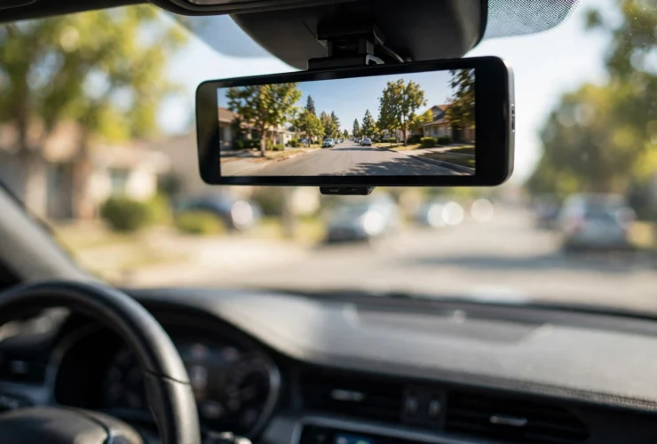 Mirror dash cam mounted over a car's rear-view mirror showing the road ahead on its display