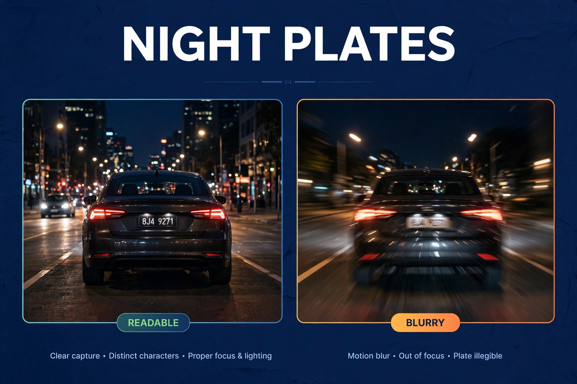 Night footage comparison showing a readable license plate versus a blurry plate in low light