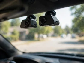 Viofo A229 Plus and Pro dash cams mounted side by side on a car windshield