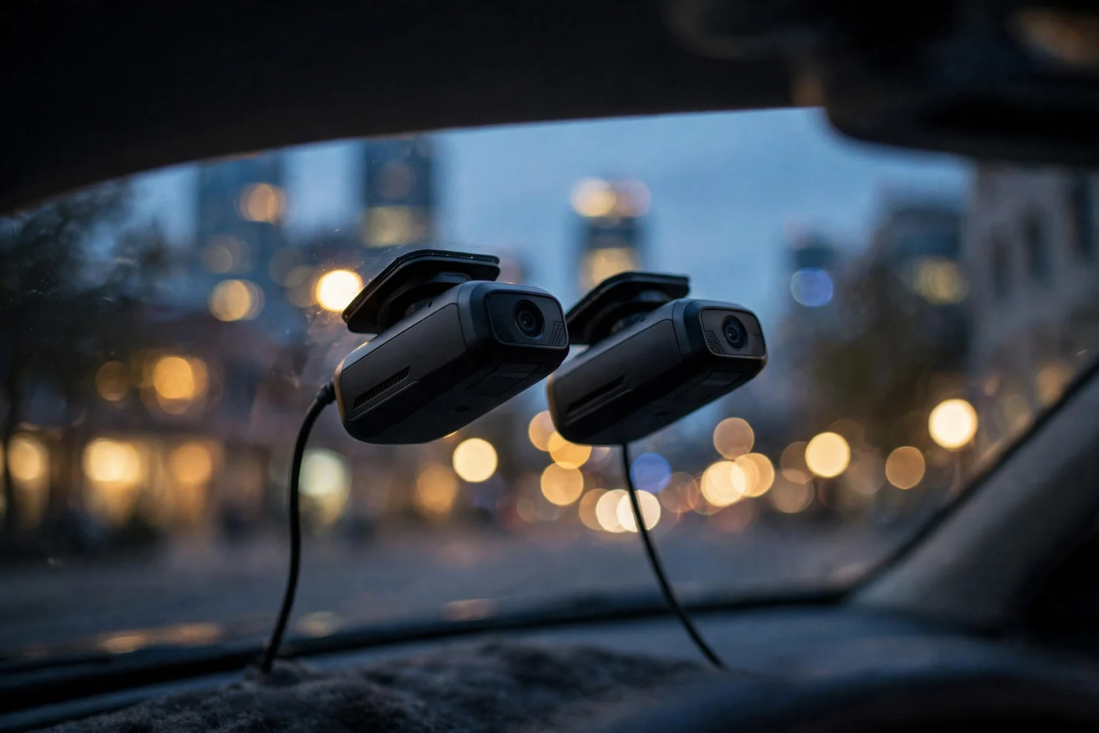 Two premium dash cams mounted side by side on a car windshield at dusk