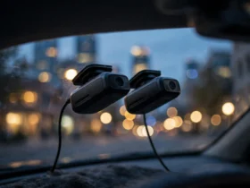 Two premium dash cams mounted side by side on a car windshield at dusk