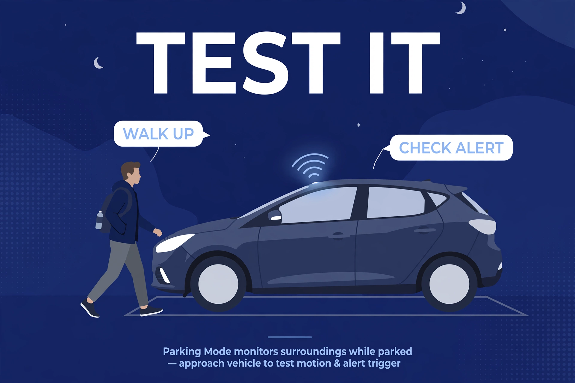 Illustration of a person walking up to a parked car at night to test parking mode alerts