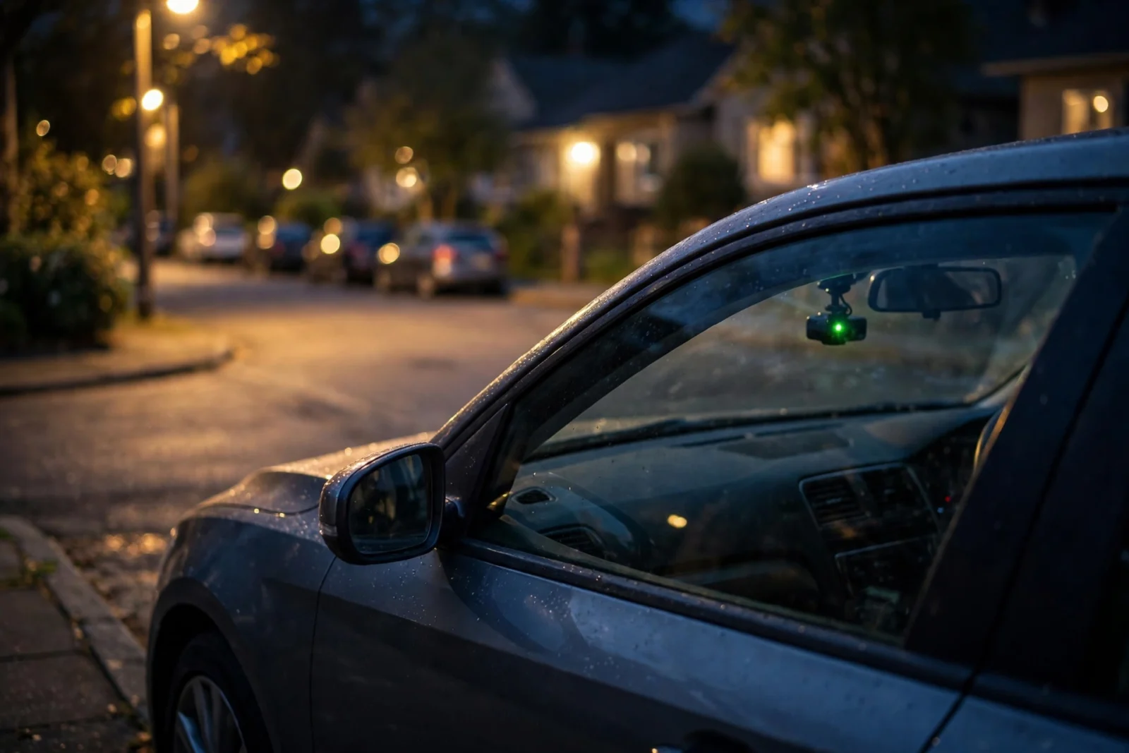 Parked car at night with a glowing dash cam parking mode indicator on the windshield