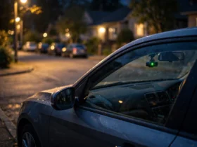 Parked car at night with a glowing dash cam parking mode indicator on the windshield