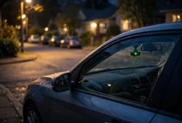 Parked car at night with a glowing dash cam parking mode indicator on the windshield