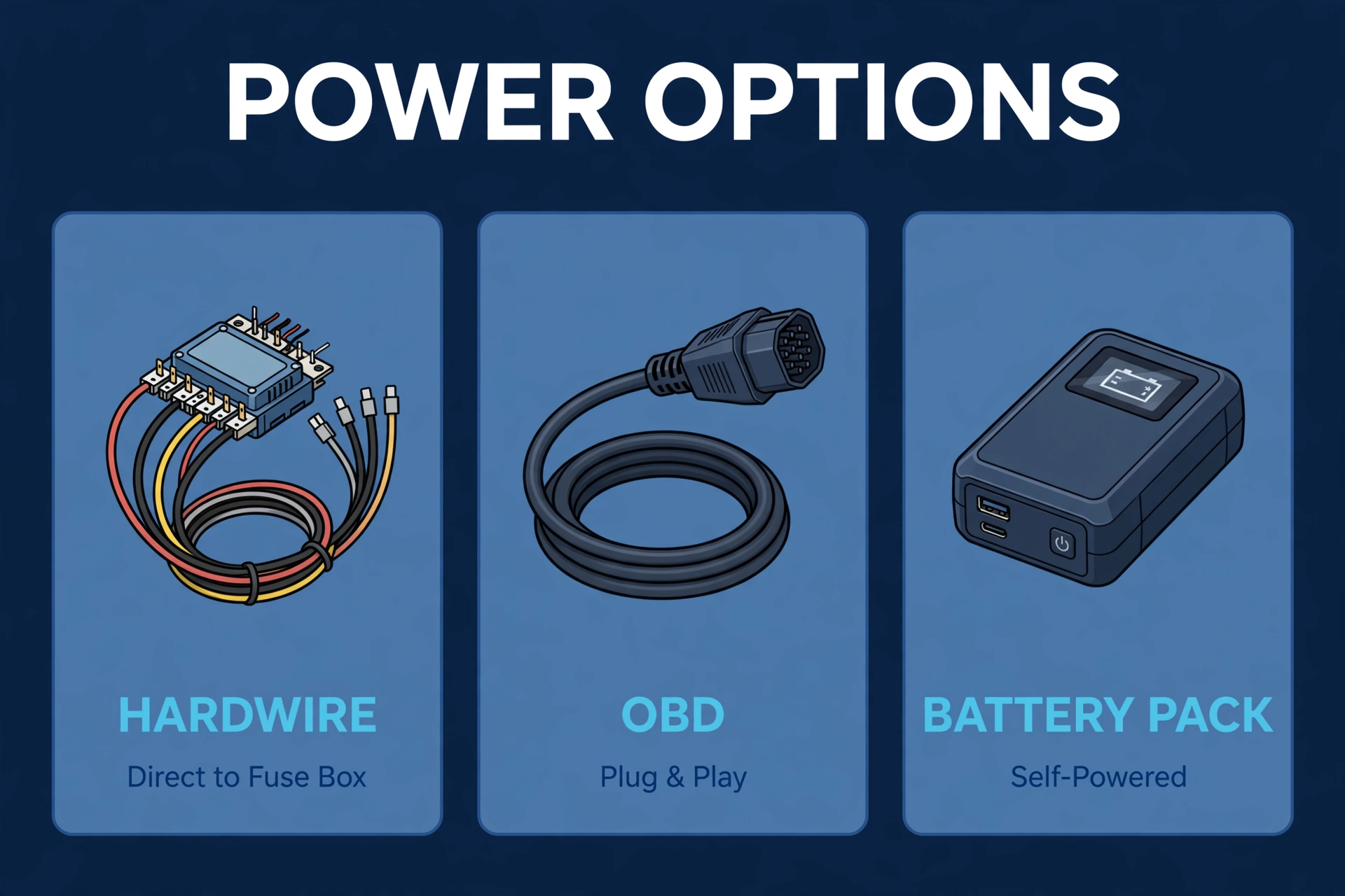 Three dash cam parking mode power options: hardwire kit, OBD cable, and battery pack