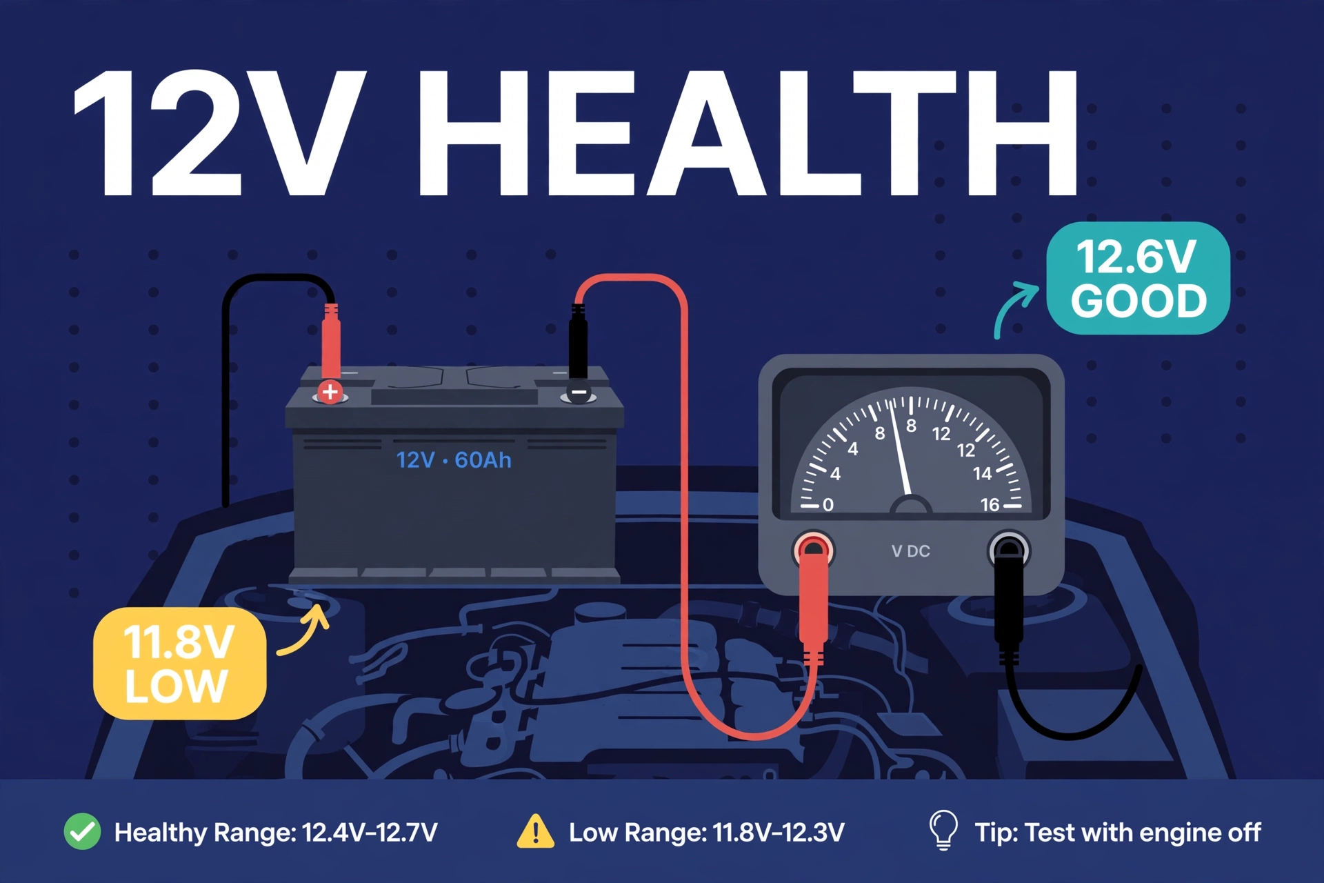 Voltmeter on a car battery showing 12.6 volts good versus 11.8 volts low readings